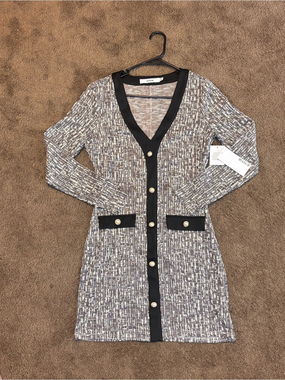 JustFab Black White Tweed Pearl Button Mini Dress XS
